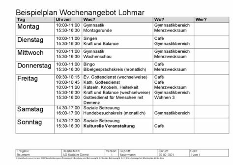 Musterplan für das Wochenangebot der sozialen Betreuung im Evangelischen Altenheim Lohmar