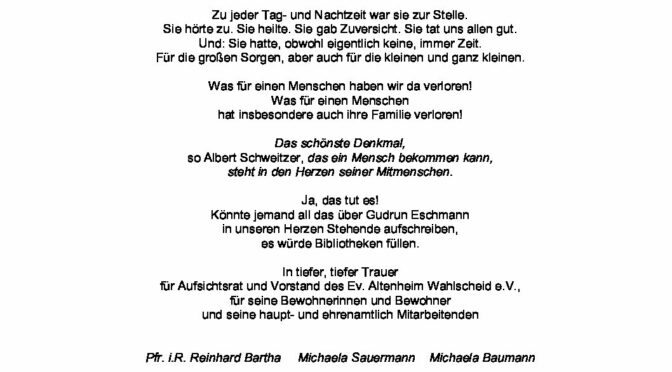 Nachruf des Ev. Altenheim Wahlscheid e.V. auf Fr. Dr. Gudrun Eschmann