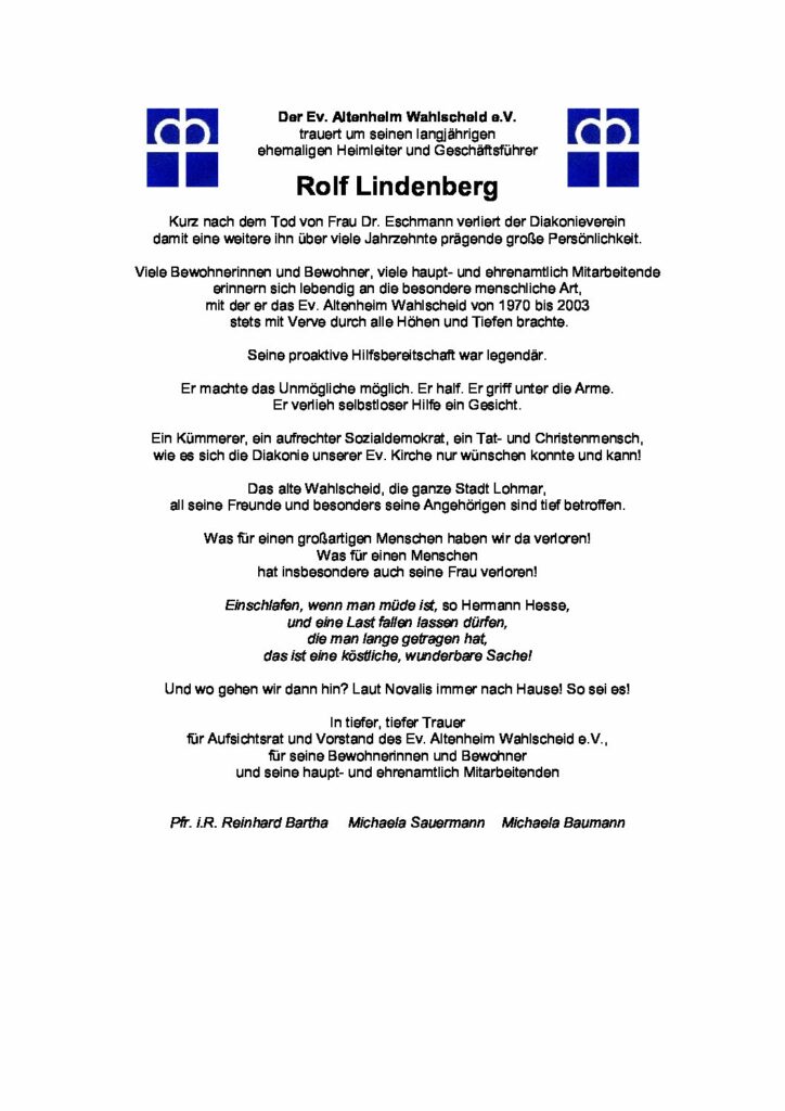 Nachruf Rolf Lindenberg