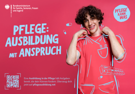 Plakat "Pflege: Ausbildung mit Anspruch" aus der Informations- und Öffentlichkeitskampagne „Pflege kann was“ des BMFSJF

"Eine Ausbildung in der Pflege hält Aufgaben bereit, die dein Können fordern. Überzeug dich jetzt auf pflegeausbildung.net"