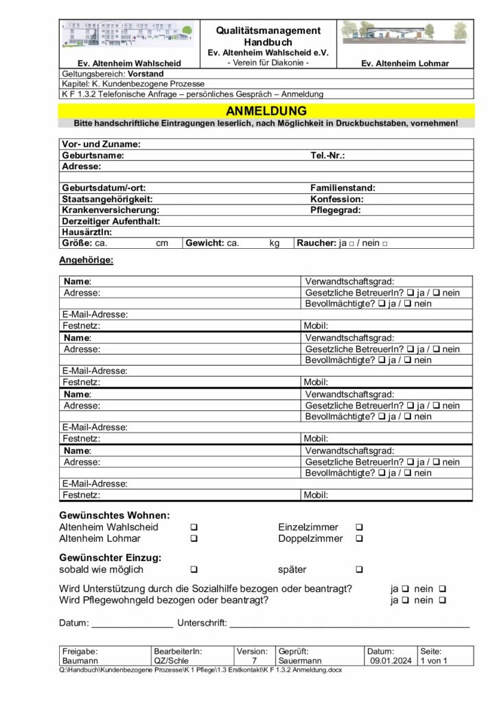 Das Formular K F 1.3.2 Anmeldung des Ev. Altenheim Wahlscheid e.V.