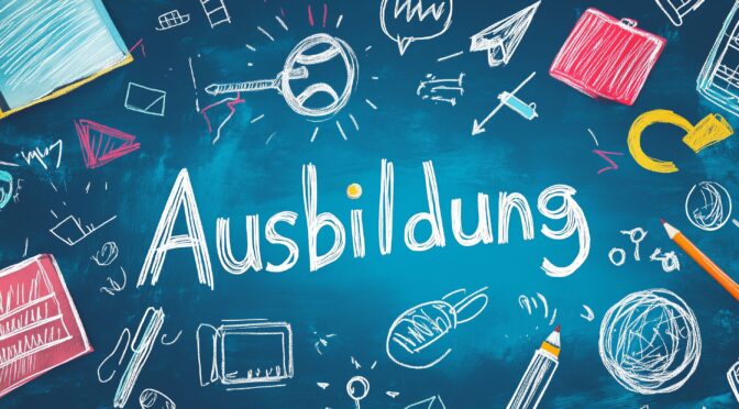 Auf einer Tafel steht das Wort "Ausbildung" umgeben von wie mit bunter Kreide gemalten Schulmaterialien